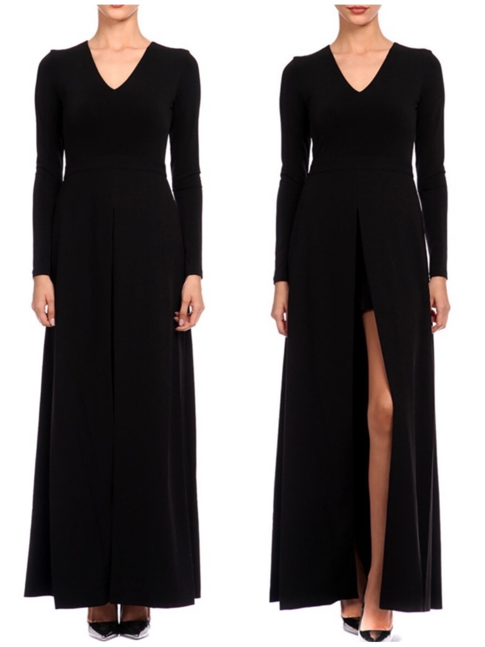 Alice + Olivia Cady Crepe V Neck Long Sleeve Maxi Vent Dress Black Size 0